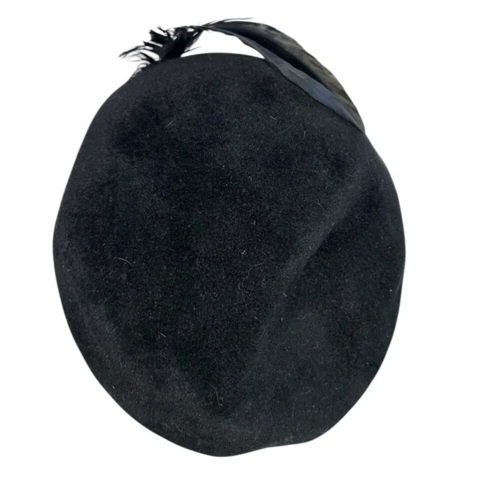 Vintage Muriel black velvet feathers woman's beret cap hat